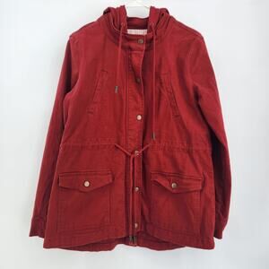 Market & Spruce Jacket Red Hood Stand Collar Zip Snap Long Sleeve Pockets Size M